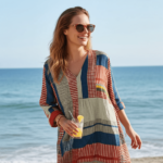 Robe Vintage à Imprimé Géométrique Linéaire - Col V et Manches Longues – Image 7