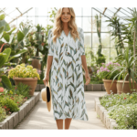 Robe Midi à Imprimé Feuilles – Col V et Manches Mi-longues – Image 7