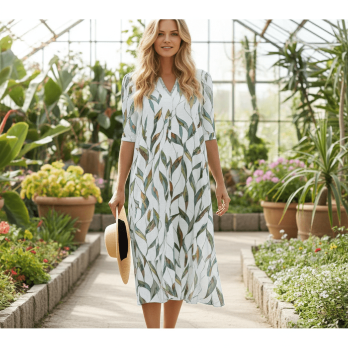 Robe Midi à Imprimé Feuilles – Col V et Manches Mi-longues – Image 7