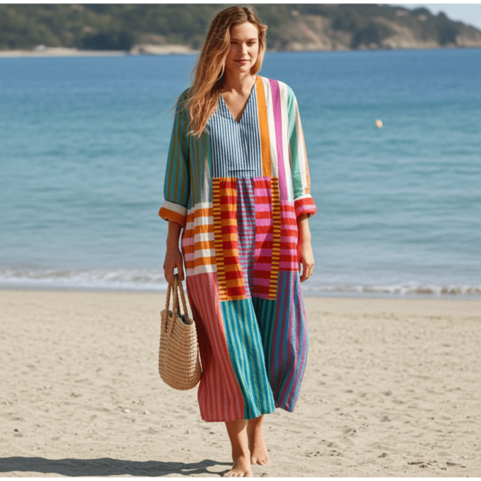 Robe Vintage à Manches Longues – Col V et Imprimé Artistique à Motifs Géométriques – Image 1