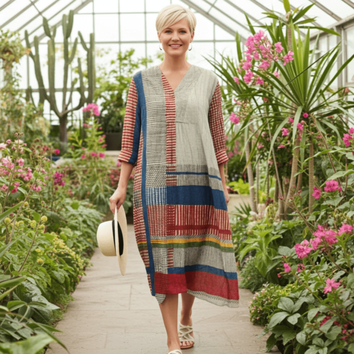 Robe Vintage à Imprimé Géométrique Linéaire - Col V et Manches Longues – Image 8