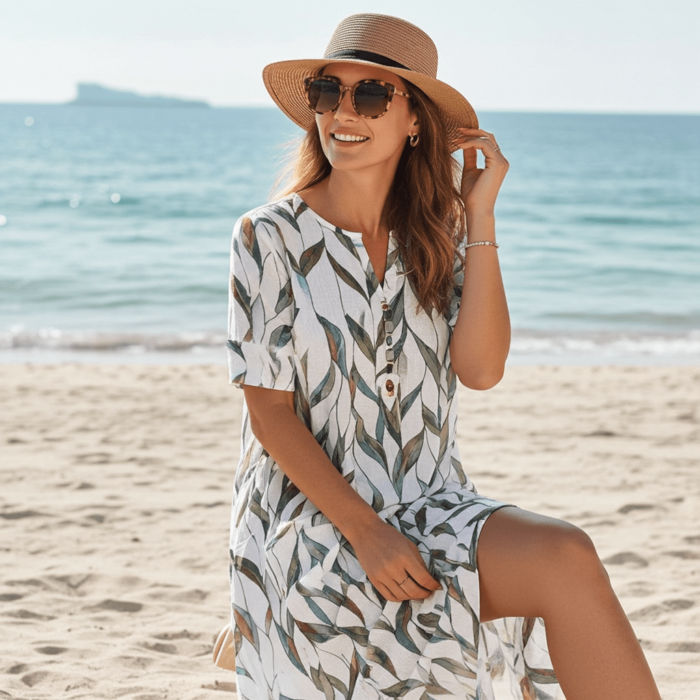 Robe Midi à Imprimé Feuilles – Col V et Manches Mi-longues – Image 8