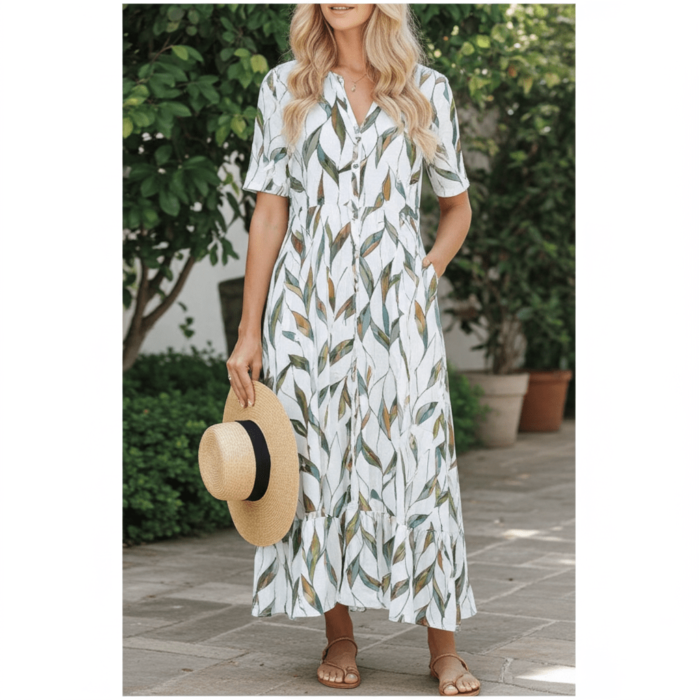Robe Midi à Imprimé Feuilles – Col V et Manches Mi-longues – Image 1